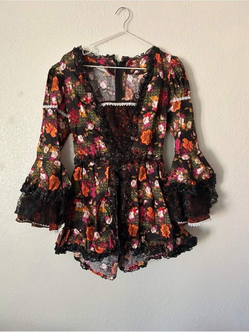 Black Floral Lace-Trim Lolita Dress with Ruffled Sleeves (Custom Made)